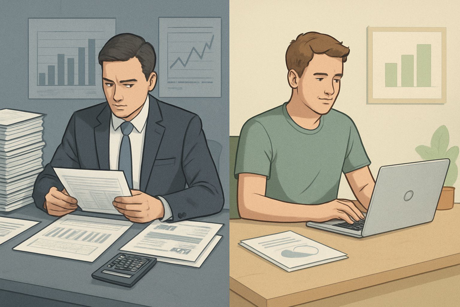 Due persone in ambienti di lavoro differenti, una con molti documenti e strumenti complessi, l'altra con uno spazio di lavoro semplice e ordinato.