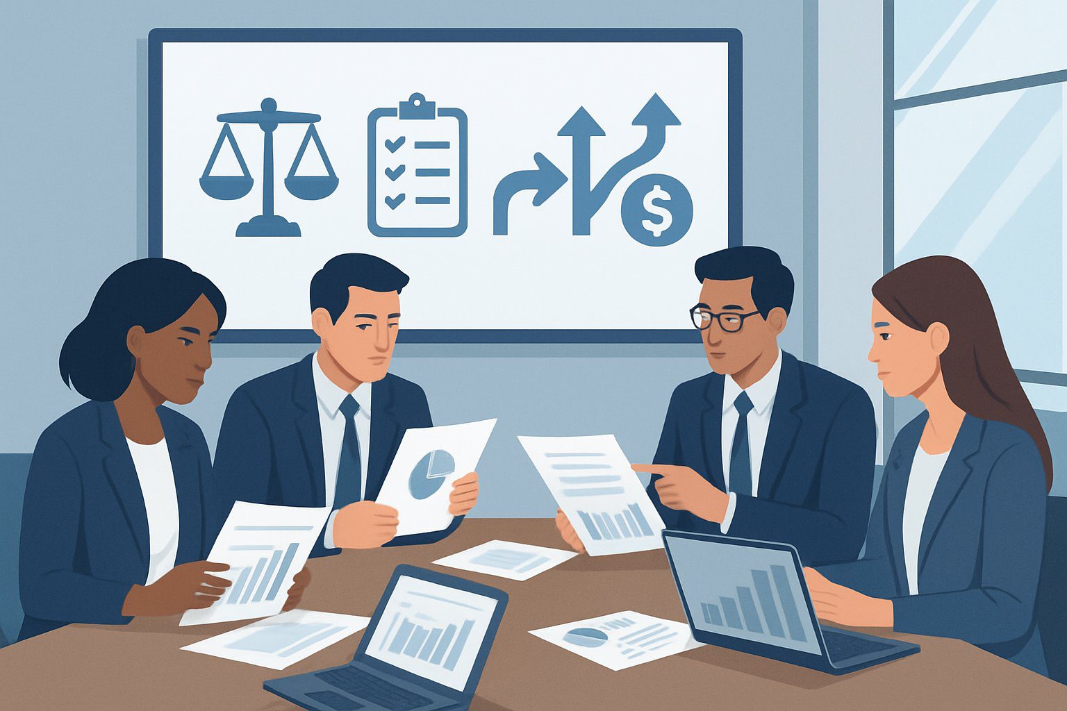 Un gruppo di professionisti in un ufficio che esamina documenti e grafici su diverse alternative fiscali.