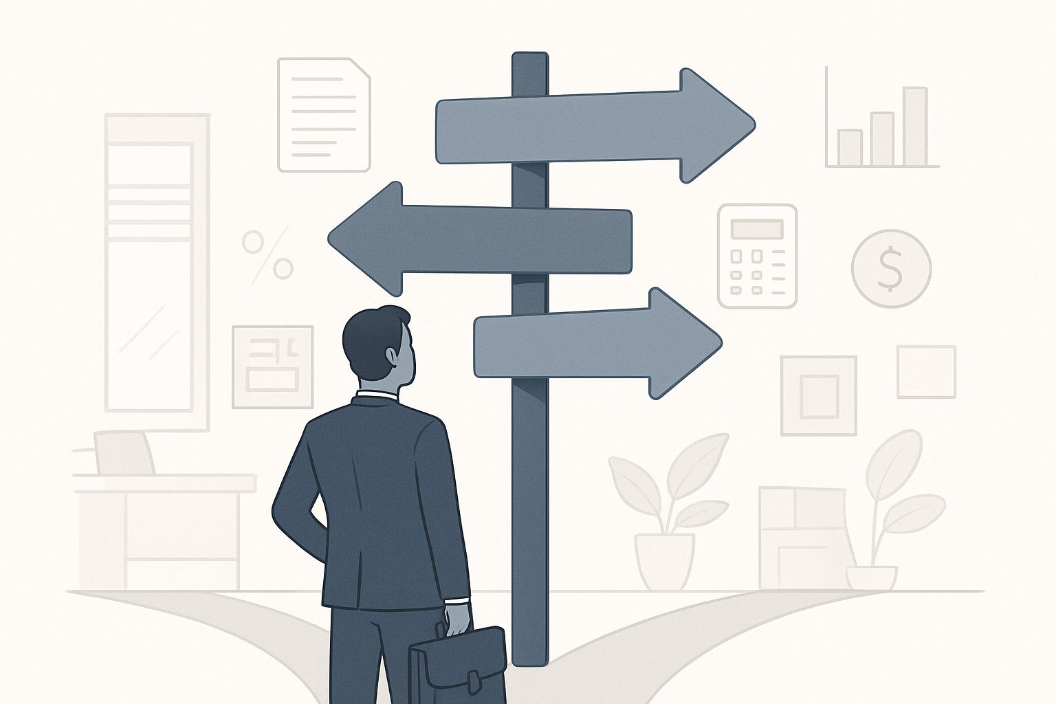 Una persona d'affari in piedi a un bivio con diversi cartelli che indicano alternative, circondata da simboli finanziari come documenti, calcolatrici e grafici, in un ambiente d'ufficio moderno.
