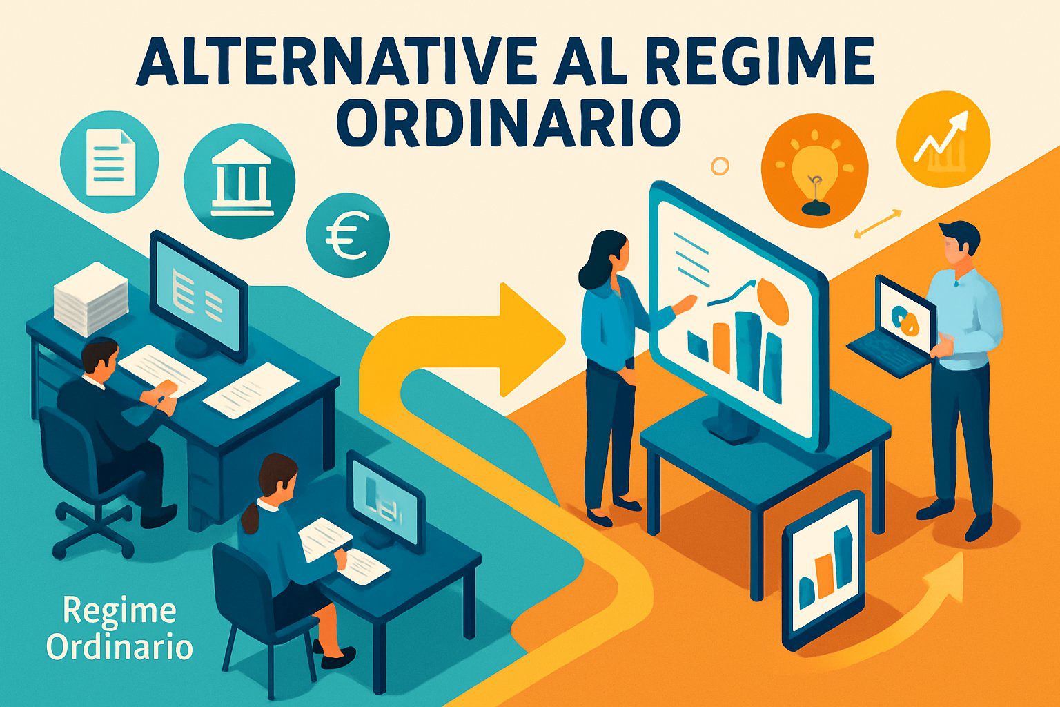 Alternative al Regime Ordinario: Quali Sono e Quale Regime Fiscale Scegliere? 1 Ufficio con due percorsi distinti: uno tradizionale con scrivanie e documenti, l'altro moderno con dispositivi digitali e collaborazione.