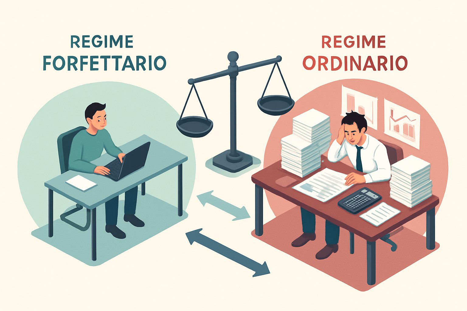 Alternative al Regime Ordinario: Quali Sono e Quale Regime Fiscale Scegliere? 2 Illustrazione che mostra due ambienti d'ufficio affiancati: uno con un imprenditore che lavora serenamente con pochi documenti, l'altro con un contabile stressato circondato da molte carte e calcolatrici, rappresentando due diversi regimi fiscali.