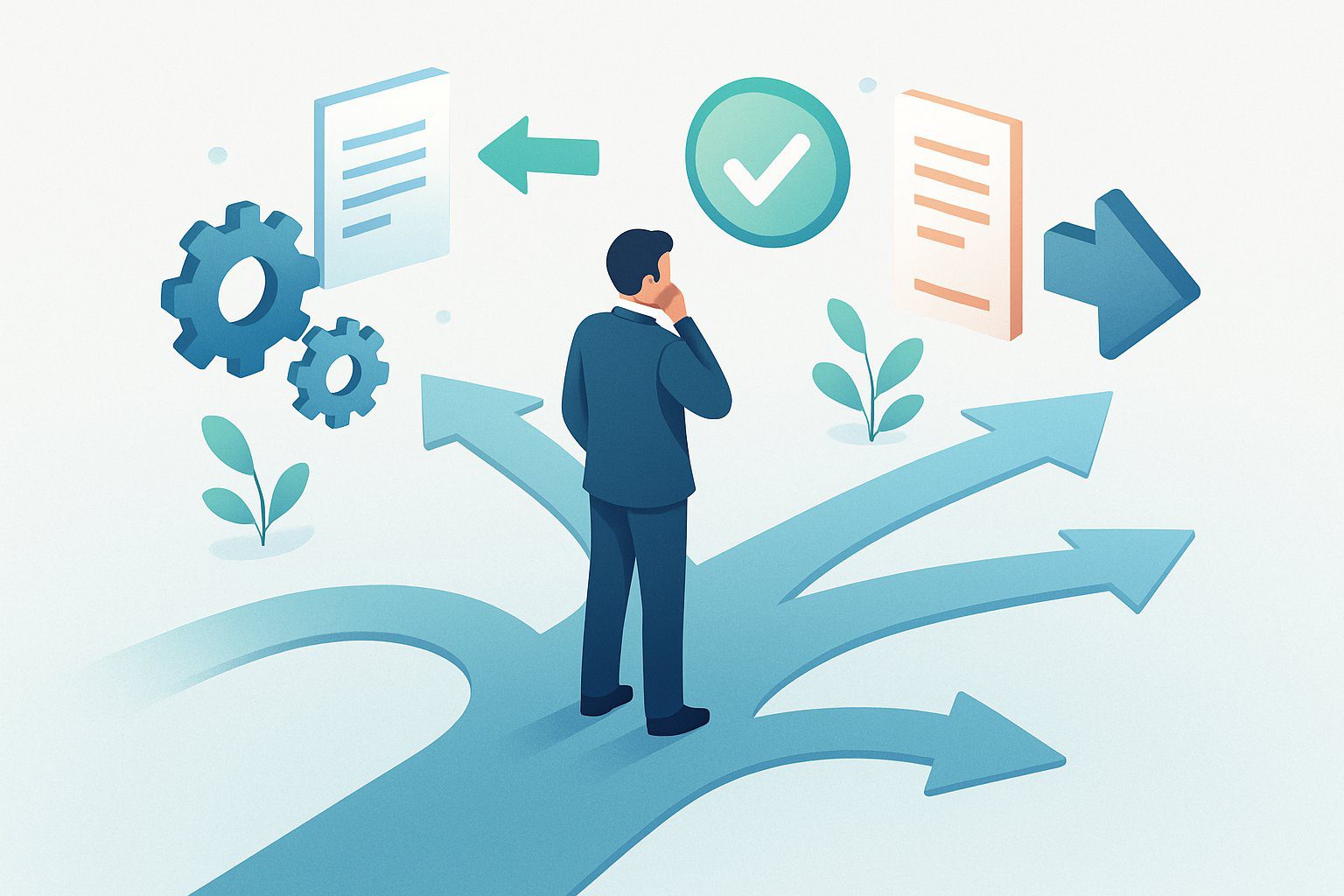 Alternative al Regime Ordinario: Quali Sono e Quale Regime Fiscale Scegliere? 3 Una persona in piedi a un bivio con diversi sentieri che rappresentano alternative, circondata da simboli di scelte e opzioni.