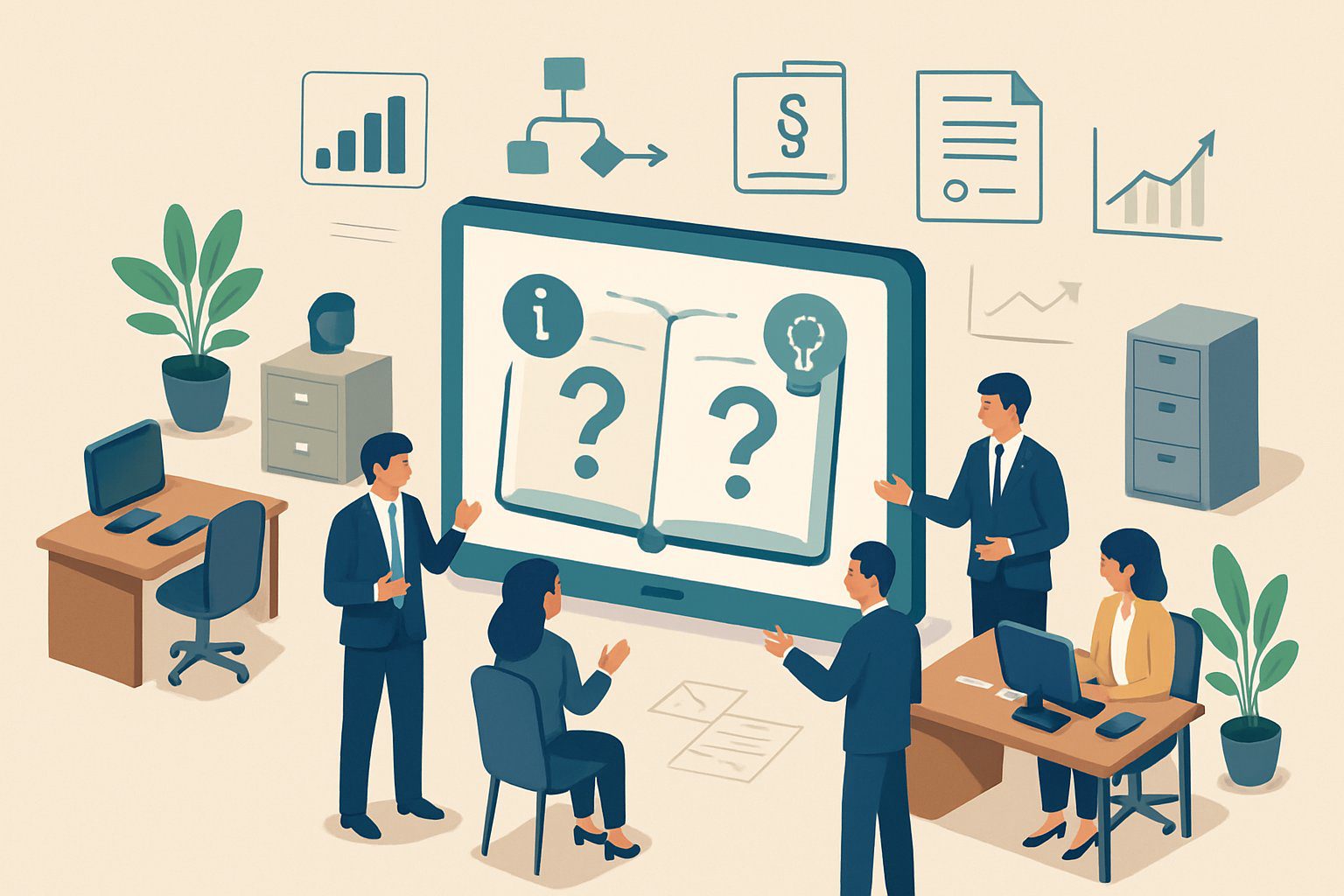 Alternative al Regime Ordinario: Quali Sono e Quale Regime Fiscale Scegliere? 4 Una scena in un ufficio con persone che discutono e consultano documenti e diagrammi su un tavolo centrale, rappresentando un ambiente di domande frequenti su un regime alternativo.