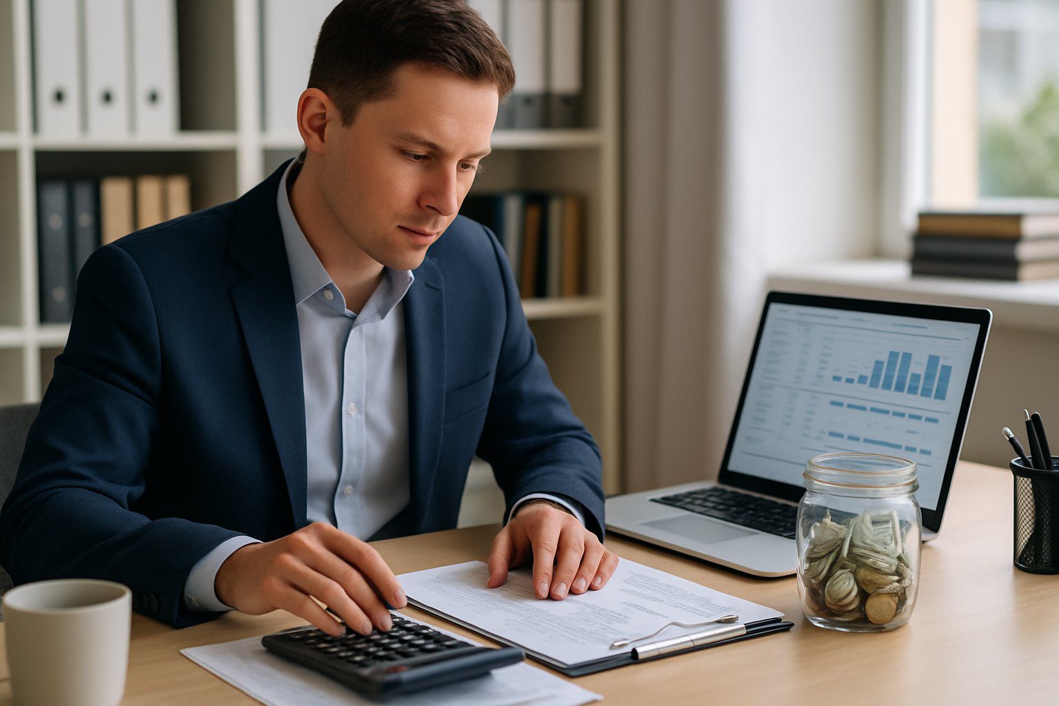Un professionista finanziario che lavora a una scrivania con documenti, un calcolatore, un laptop e un barattolo trasparente con denaro contante in un ufficio luminoso.