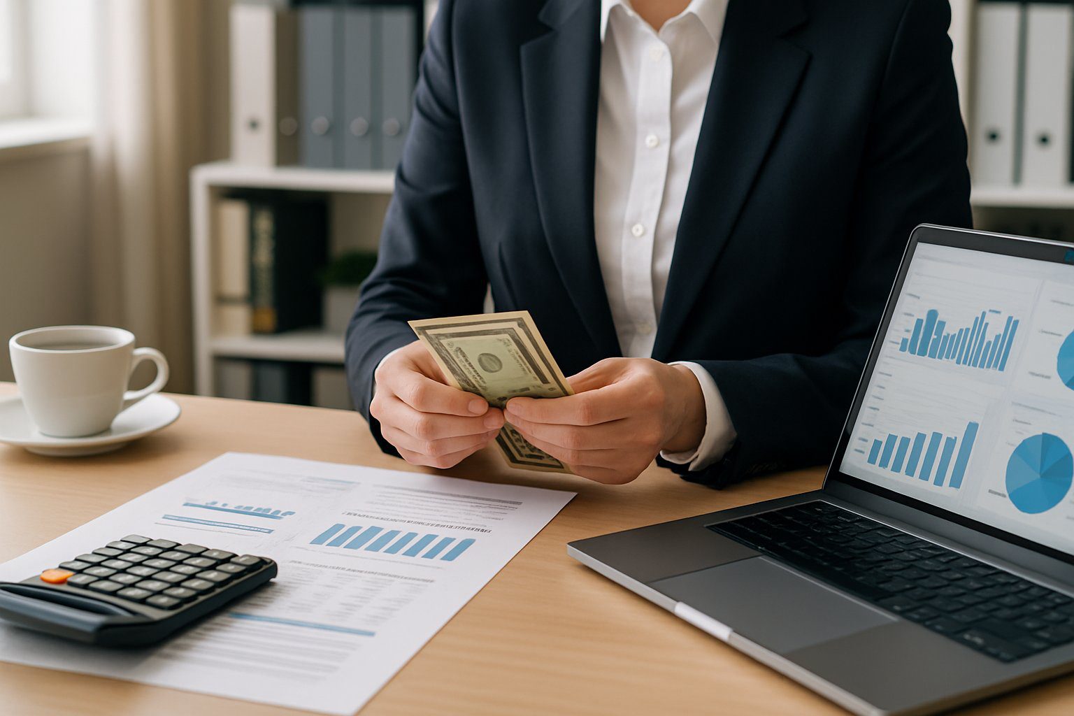 Persona in ufficio che conta contanti su una scrivania con laptop e documenti finanziari.