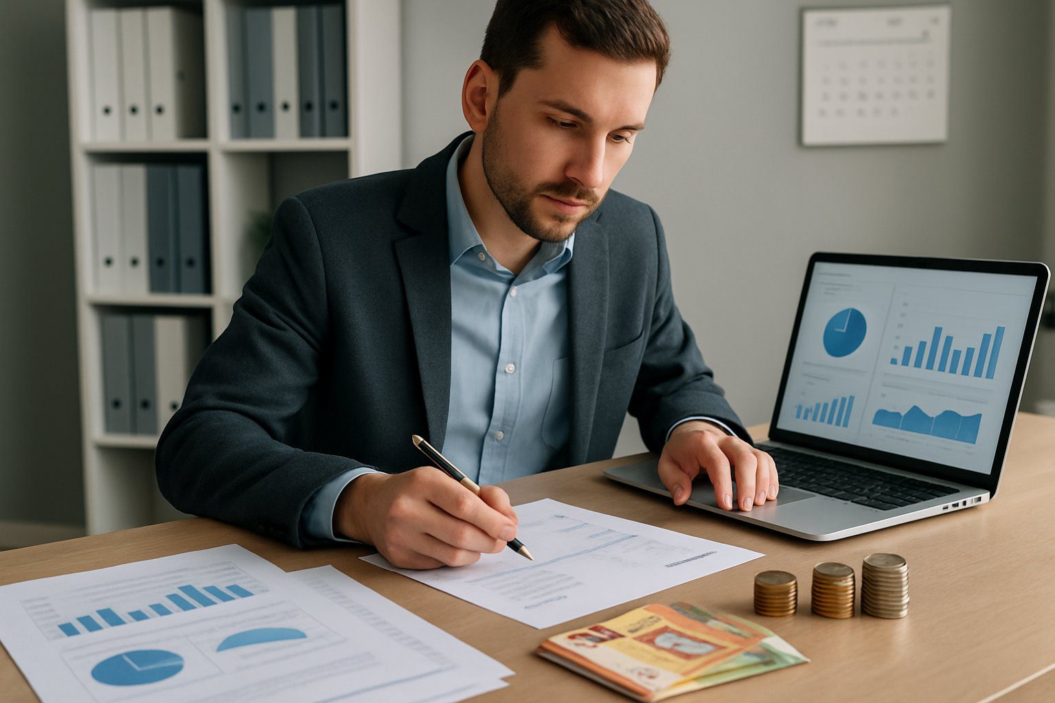 Professionista seduto a una scrivania con documenti finanziari, monete e banconote, in un ufficio ordinato mentre analizza grafici su un laptop.