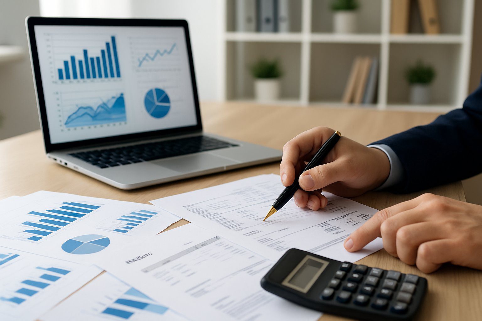 Scrivania d'ufficio con laptop, calcolatrice e documenti finanziari mentre una persona analizza i dati con una penna.