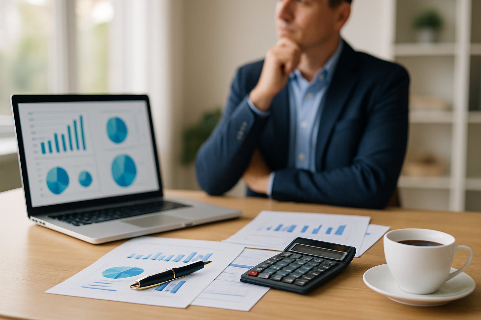 Una persona in ufficio che analizza documenti finanziari su una scrivania ordinata con laptop, calcolatrice e tazza di caffè.