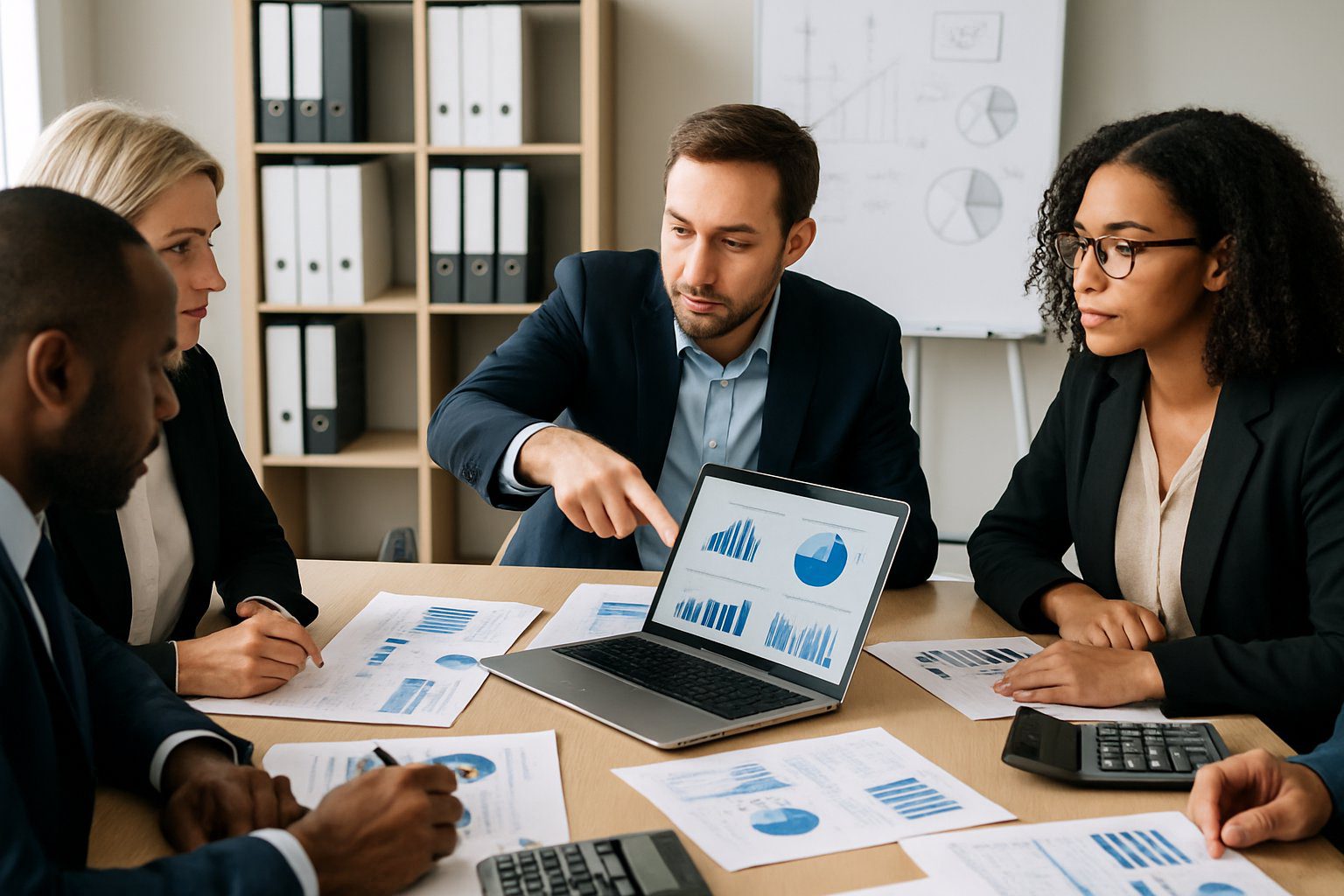 Persone in ufficio che discutono di contabilità e report fiscali con documenti e computer su un tavolo.
