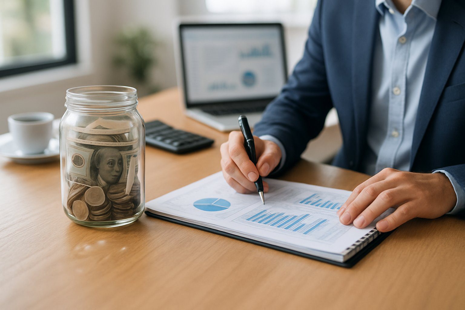 Ufficio moderno con una persona che analizza documenti finanziari e una giara di vetro con contanti sul tavolo, rappresentando concetti di contabilità.