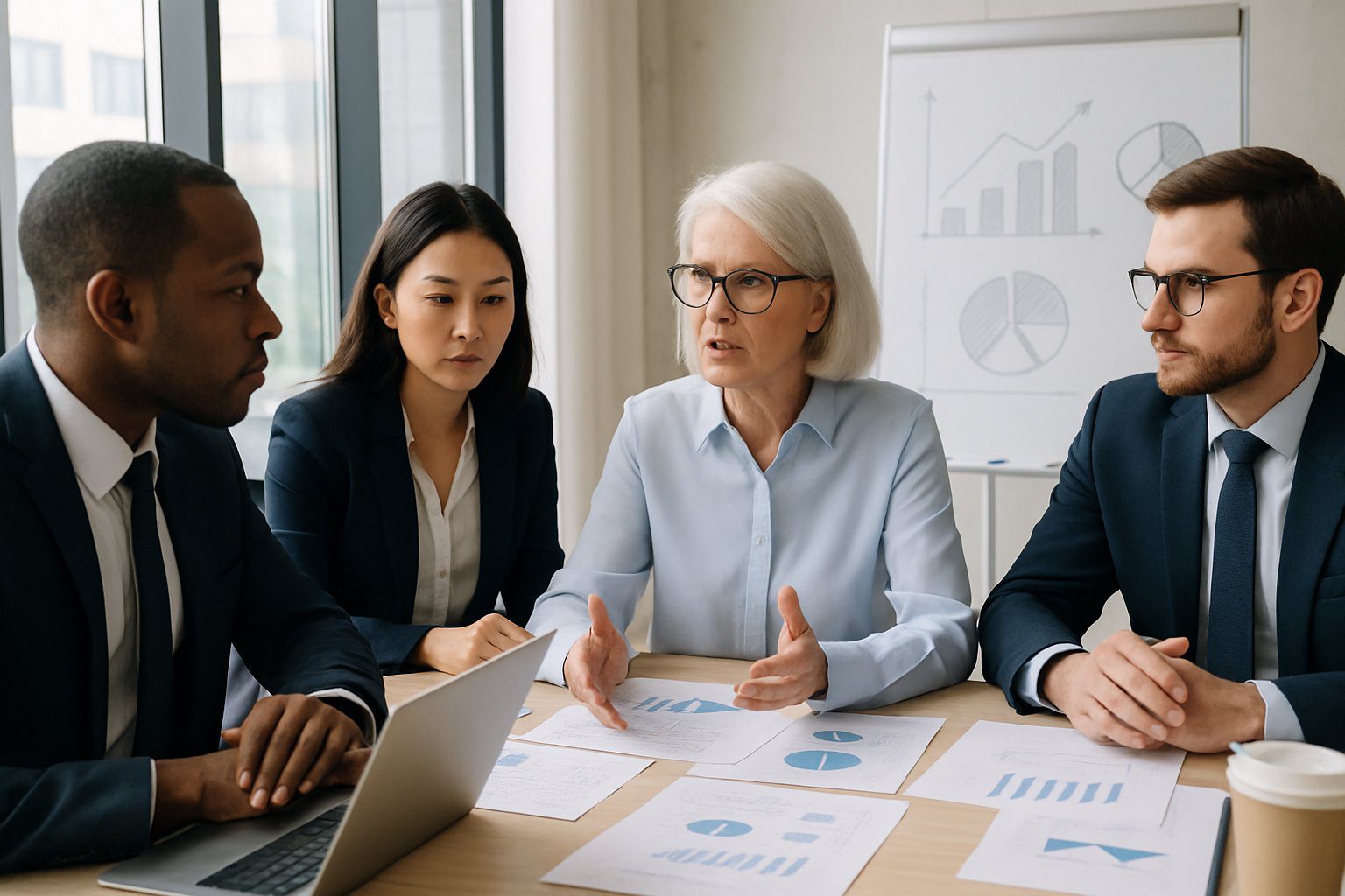 Persone in un ufficio moderno che discutono insieme attorno a un tavolo con documenti finanziari e laptop