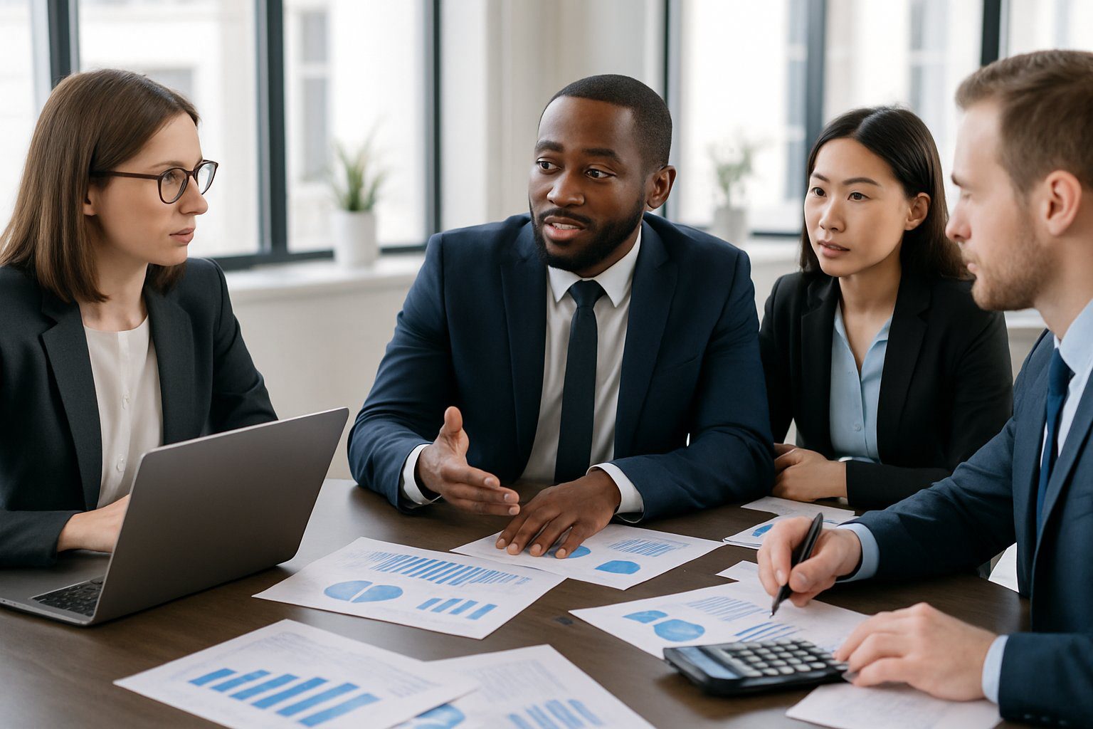 Persone in un ufficio moderno che discutono di contabilità attorno a un tavolo con documenti e laptop.