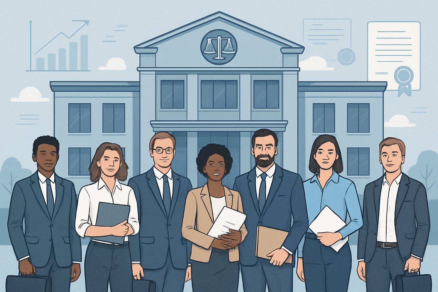 Diritto Camerale: Cos'è, Come Funziona, Importi, Scadenze, Soggetti Obbligati e Sanzioni (2026) 2 Un gruppo di persone d'affari in abiti formali davanti a un edificio moderno che rappresenta una Camera di Commercio, con documenti e valigette in mano.