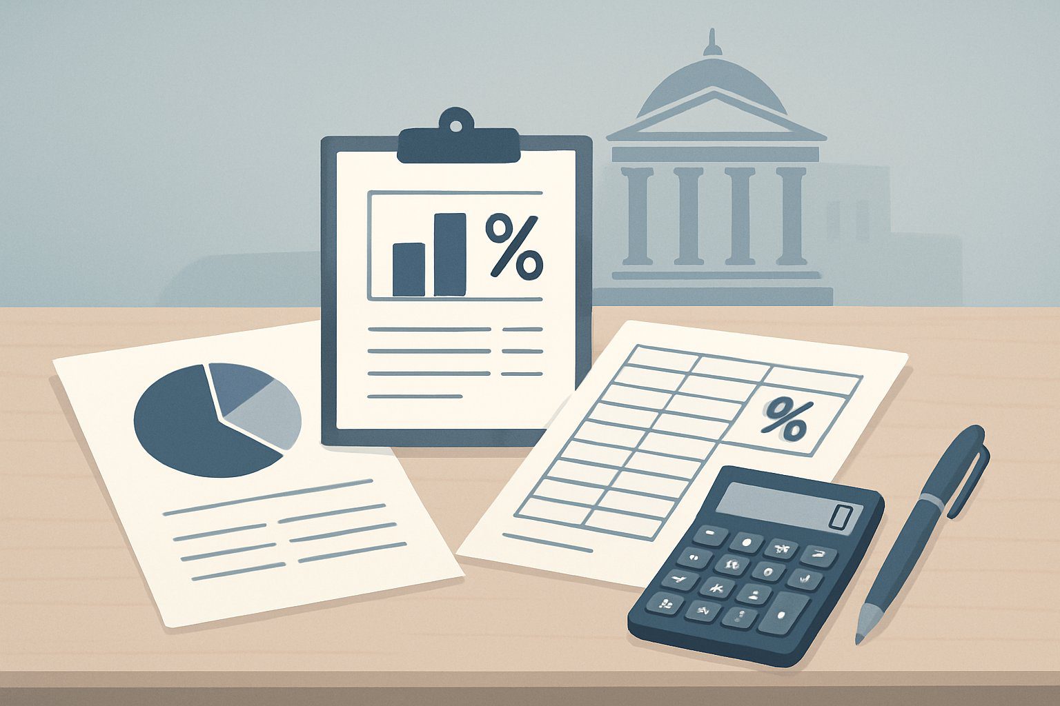 Diritto Camerale: Cos'è, Come Funziona, Importi, Scadenze, Soggetti Obbligati e Sanzioni (2026) 3 Un tavolo da ufficio con documenti finanziari, calcolatrice e penna, sullo sfondo un edificio governativo con colonne classiche.