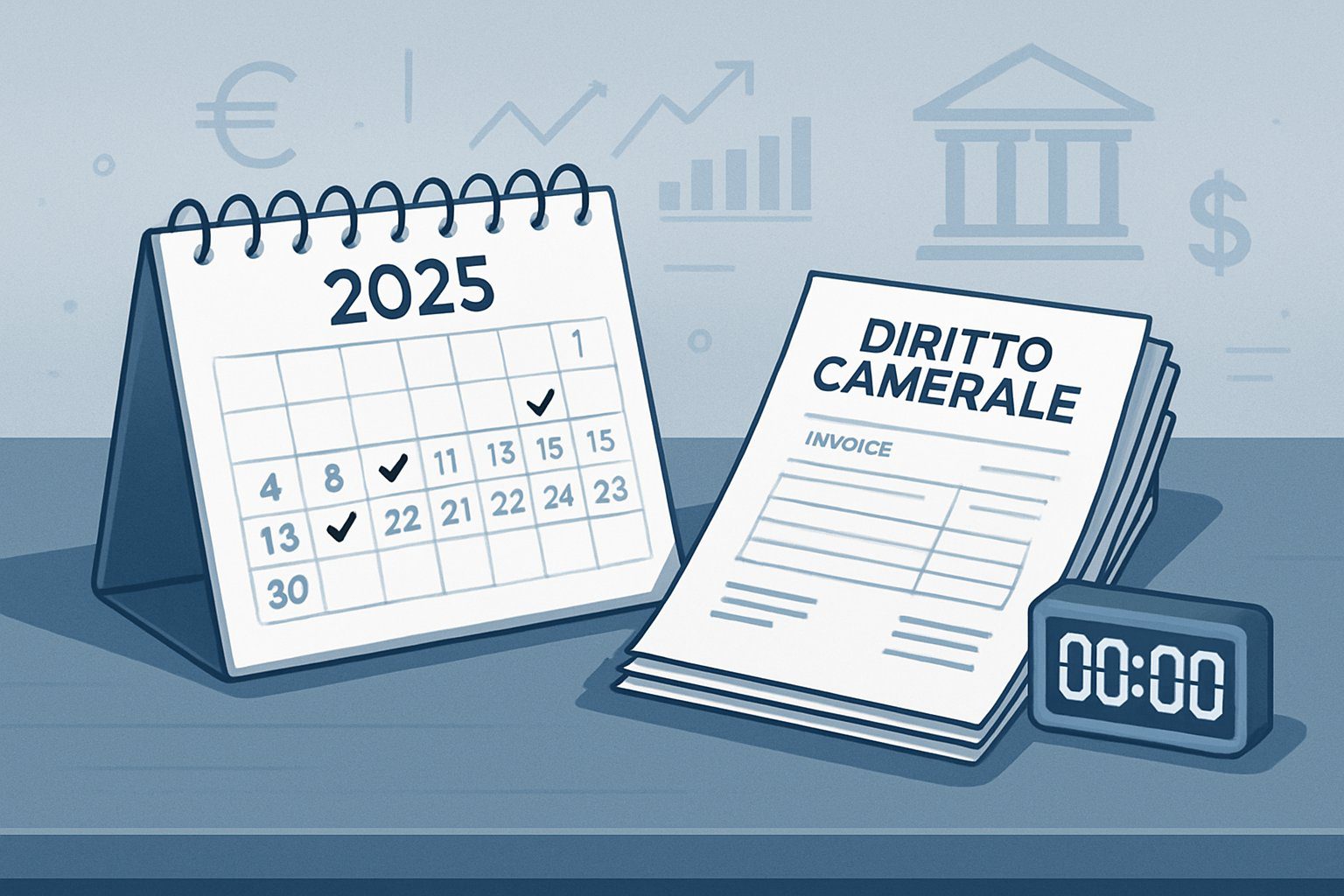 Diritto Camerale: Cos'è, Come Funziona, Importi, Scadenze, Soggetti Obbligati e Sanzioni (2026) 4 Scrivania d'ufficio con calendario aperto sul 2025, documenti ufficiali impilati e simboli finanziari che rappresentano il pagamento annuale della Camera di Commercio.