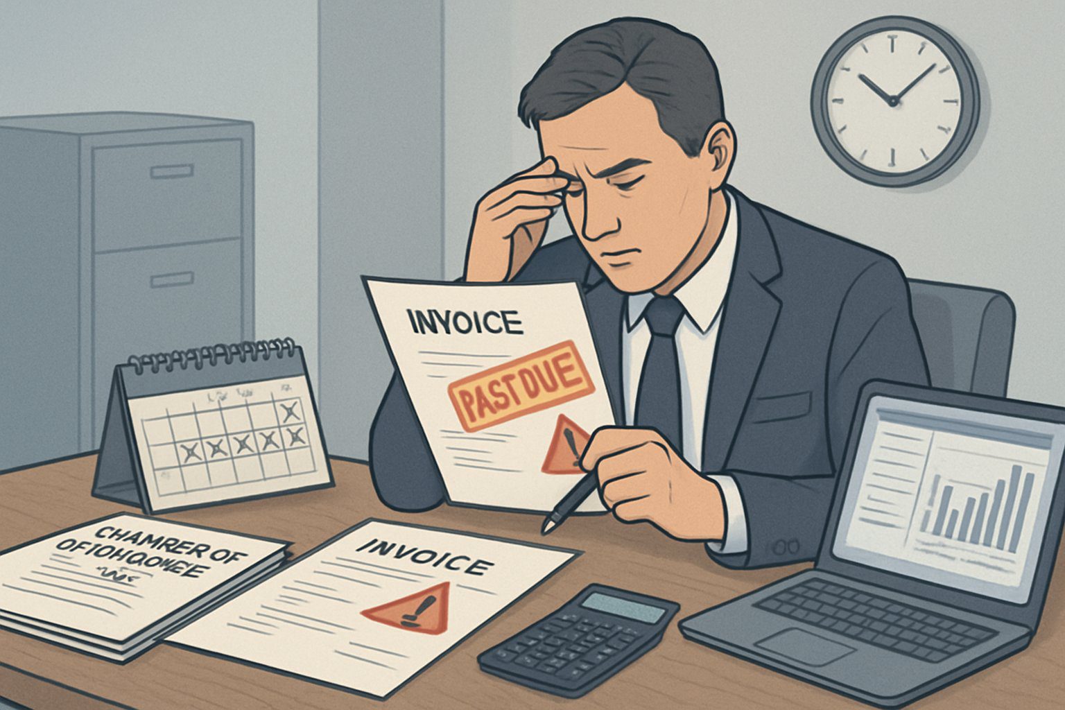 Diritto Camerale: Cos'è, Come Funziona, Importi, Scadenze, Soggetti Obbligati e Sanzioni (2026) 5 Una persona d'affari che esamina documenti e fatture su una scrivania con un calendario, un orologio e un computer, mostrando preoccupazione per pagamenti in ritardo e sanzioni.