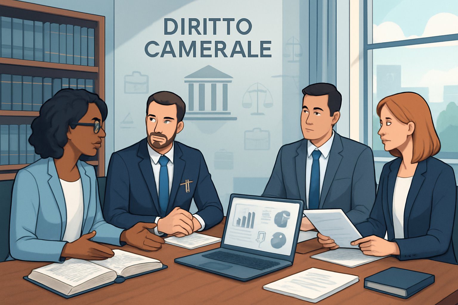 Diritto Camerale: Cos'è, Come Funziona, Importi, Scadenze, Soggetti Obbligati e Sanzioni (2026) 1 Un gruppo di professionisti che discutono intorno a un tavolo in un ufficio con libri di diritto e documenti, con una finestra sullo sfondo.
