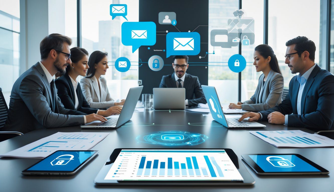 Persone in ufficio moderno che discutono e lavorano su dispositivi digitali con grafici e documenti sul tavolo.