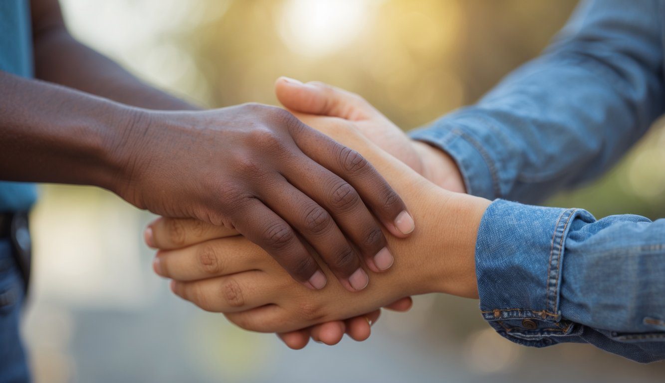 Due mani che si tengono delicatamente, simbolo di sostegno e connessione.