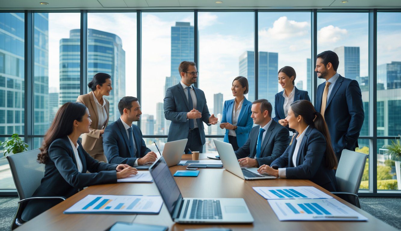 Persone in un ufficio moderno che partecipano a una riunione di lavoro intorno a un tavolo con laptop e documenti, con una vista della città attraverso grandi finestre.