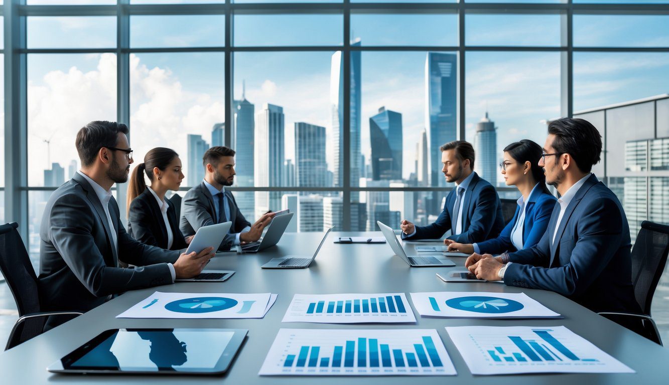Persone in abiti formali riunite attorno a un tavolo da conferenza con dispositivi digitali e grafici finanziari, con uno skyline urbano sullo sfondo.
