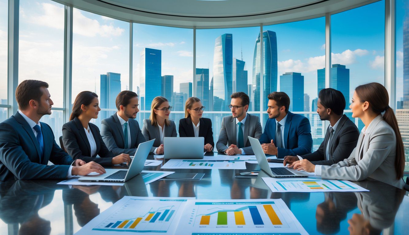Un gruppo di professionisti in una riunione di lavoro in un ufficio moderno con vista sulla città.