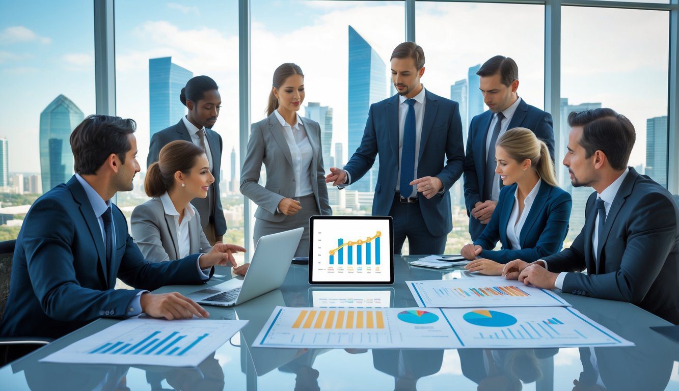 Persone d'affari in riunione intorno a un tavolo in un ufficio moderno con vista sulla città, discutendo strategie aziendali.