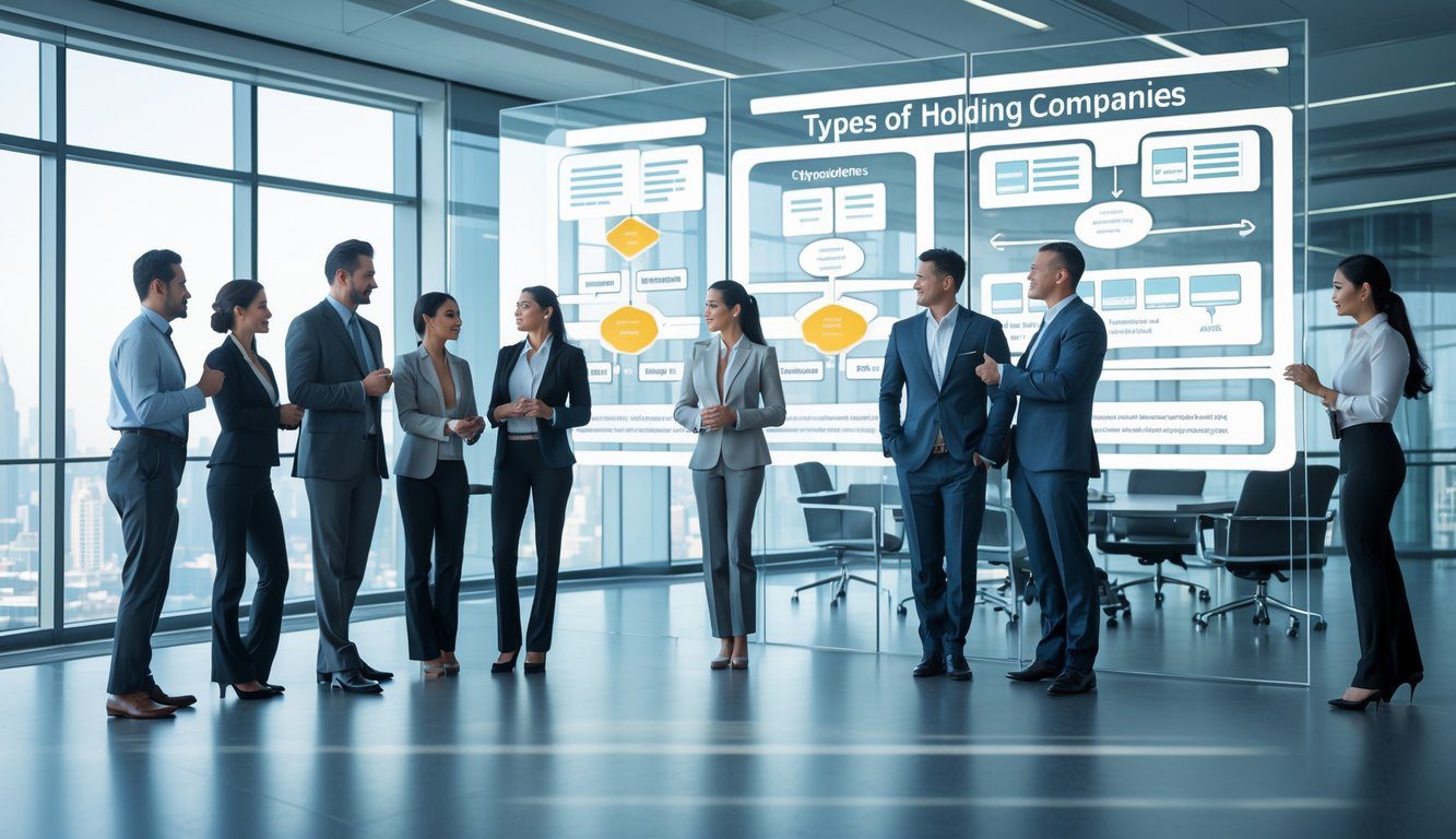 Un gruppo di professionisti in un ufficio moderno che collaborano davanti a una lavagna con diagrammi astratti che rappresentano la struttura di holding aziendali.