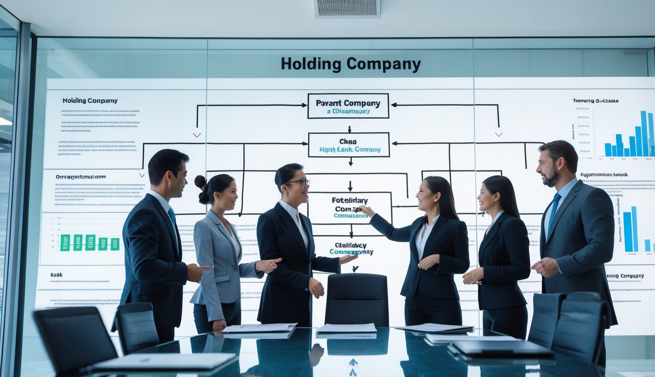 Ufficio aziendale con professionisti che discutono davanti a un grafico organizzativo di una holding aziendale.