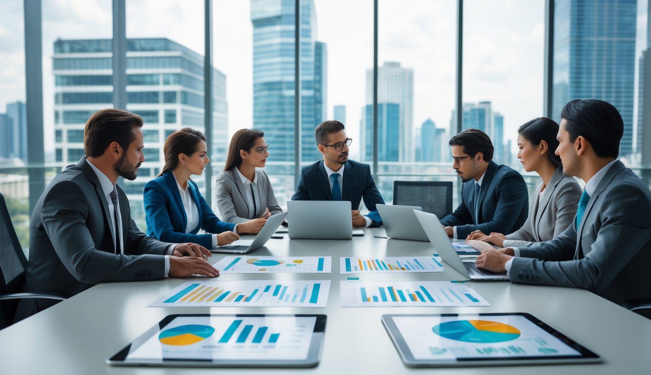 Un gruppo di professionisti in abiti formali riuniti intorno a un tavolo da conferenza in un ufficio moderno con vista sulla città, intenti a discutere e analizzare documenti e dispositivi elettronici.