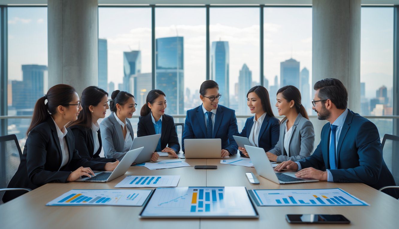 Persone in abbigliamento formale riunite attorno a un tavolo da conferenza in un ufficio moderno, impegnate in una discussione strategica.