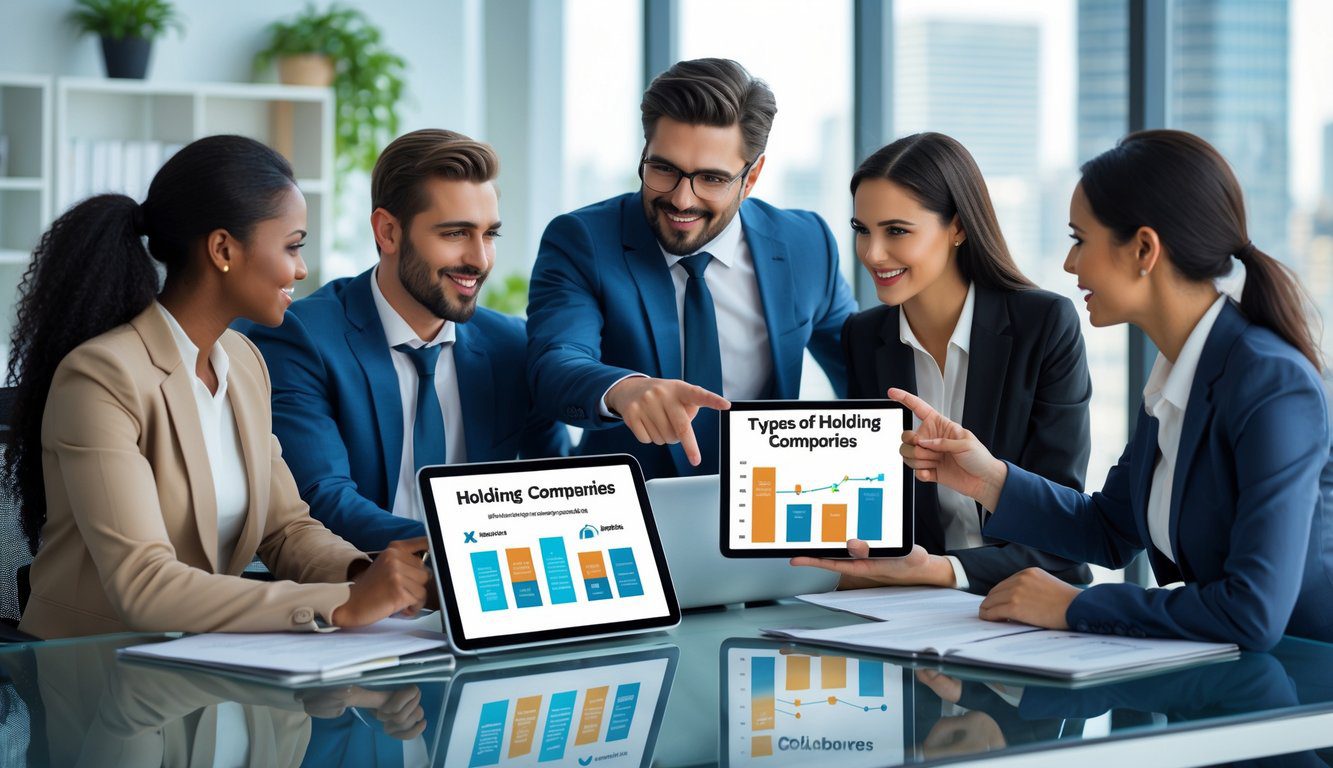 Quattro professionisti in ufficio moderno discutono intorno a un tavolo con dispositivi digitali che mostrano grafici e diagrammi.