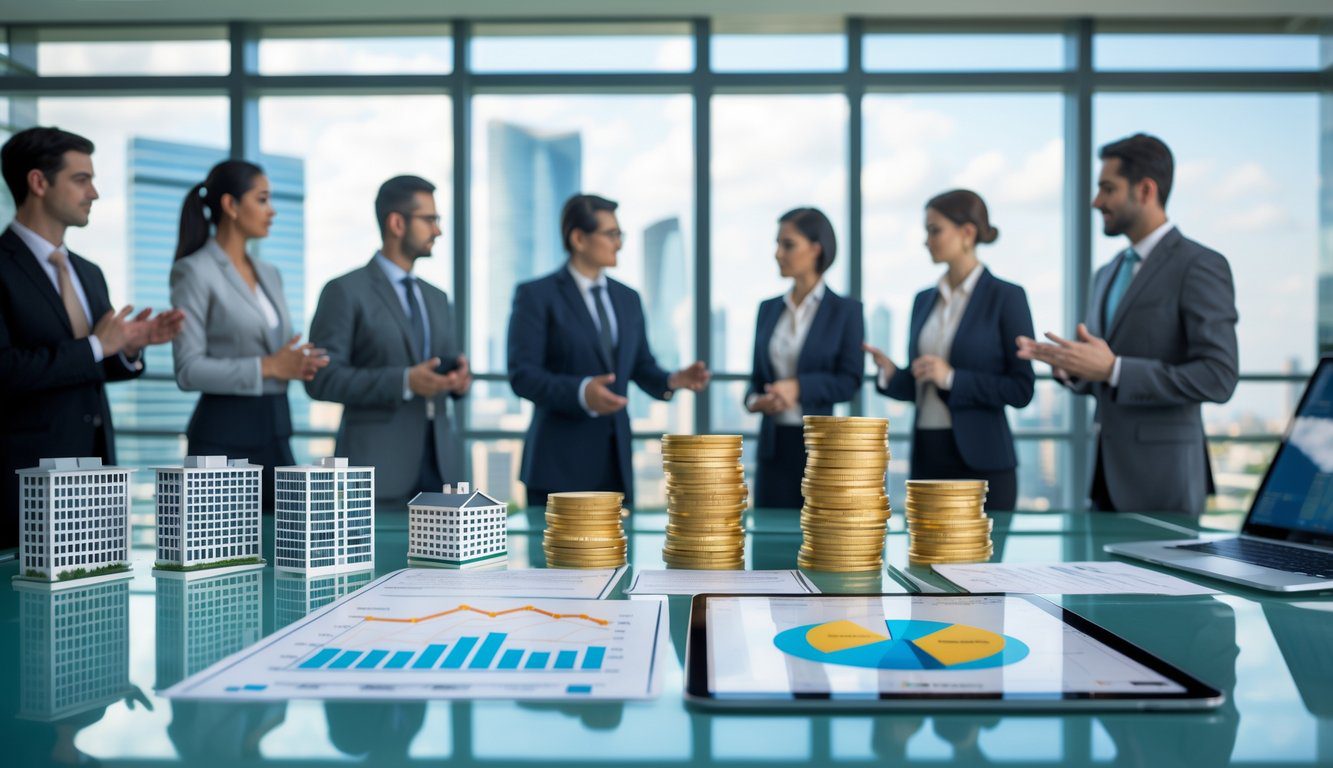 Persone d'affari in ufficio moderno che discutono attorno a un tavolo con modelli di edifici, documenti e dispositivi digitali che rappresentano attività e asset di una holding.