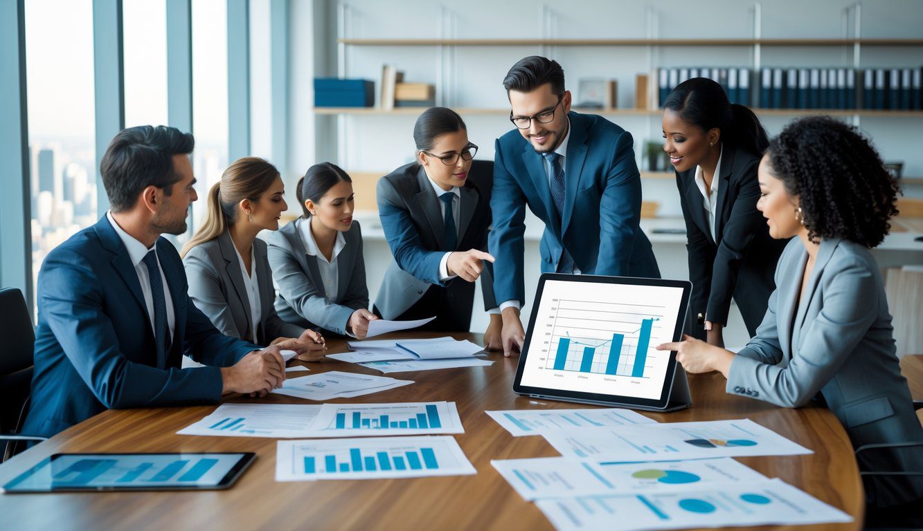 Un gruppo di professionisti in ufficio che discutono insieme attorno a un tavolo con documenti e dispositivi digitali.