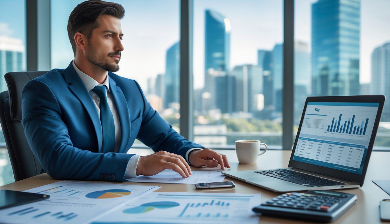 Persona d'affari in ufficio che analizza documenti finanziari e grafici su un laptop, con vista su uno skyline cittadino sullo sfondo.