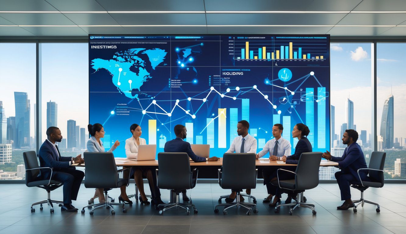 Persone in abiti da lavoro sedute attorno a un tavolo di conferenza in un ufficio moderno, con grafici finanziari e dati sullo sfondo.