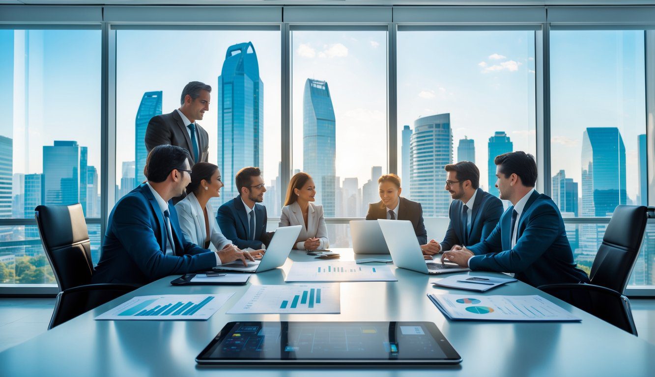Un gruppo di professionisti in un ufficio moderno che discutono insieme attorno a un tavolo con laptop e documenti, con una vista della città sullo sfondo.