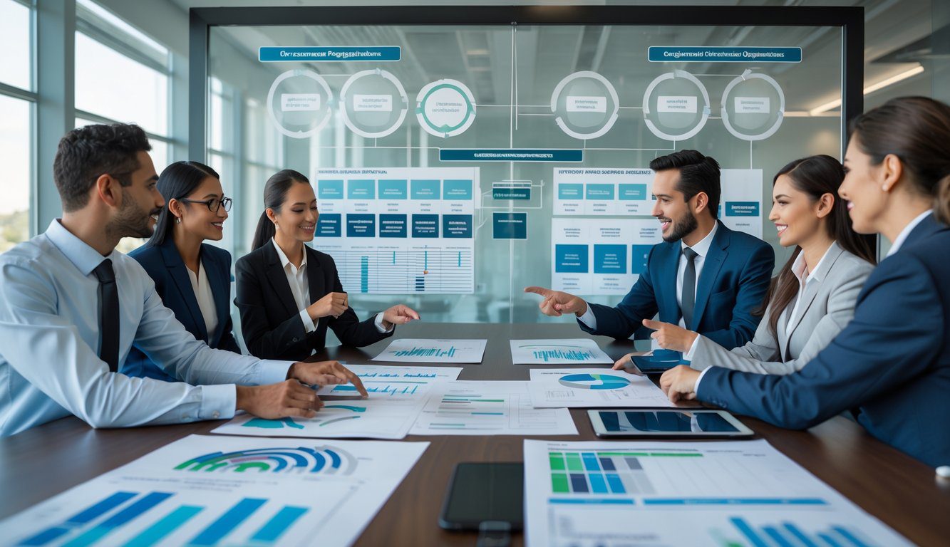 Un gruppo di professionisti in abiti formali riuniti attorno a un tavolo da conferenza che discutono e analizzano diagrammi aziendali su documenti e dispositivi digitali in un ufficio moderno con luce naturale.