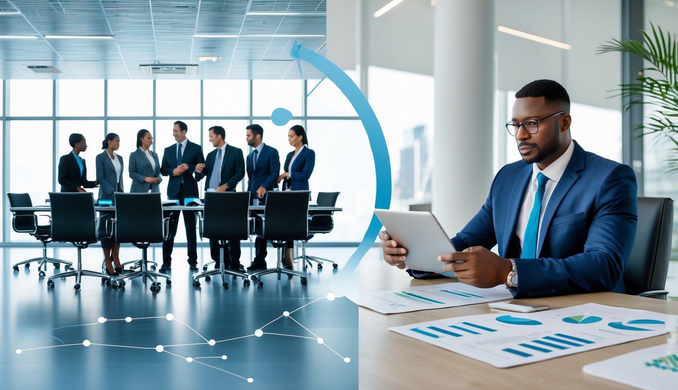 Due ambienti d'ufficio con professionisti che rappresentano un gruppo aziendale e un dirigente che rappresenta una holding, con elementi che mostrano la loro connessione e differenze.