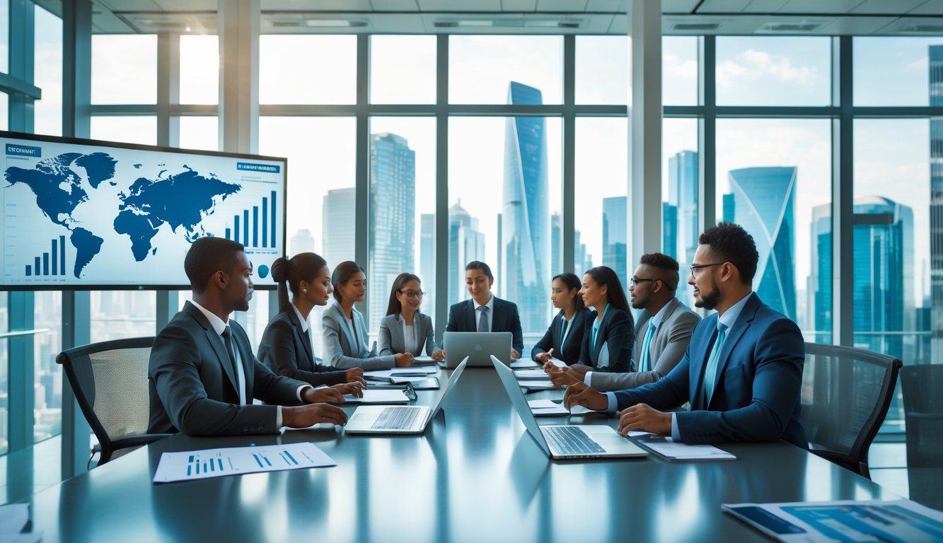 Persone d'affari riunite in una sala conferenze moderna con vista sulla città, che discutono di affari.
