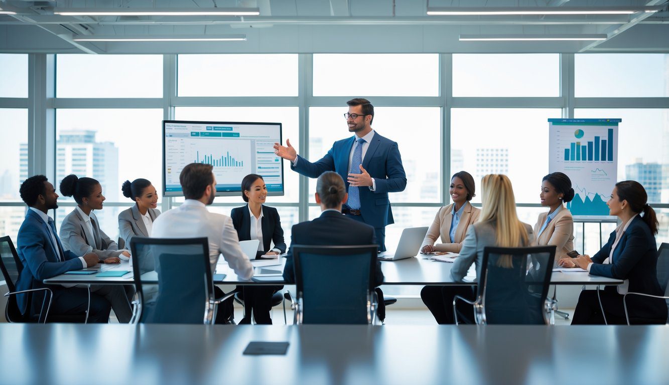 Gruppo di professionisti in una riunione aziendale in un ufficio moderno con vista sulla città, mentre un leader presenta informazioni ai colleghi seduti attorno a un tavolo.