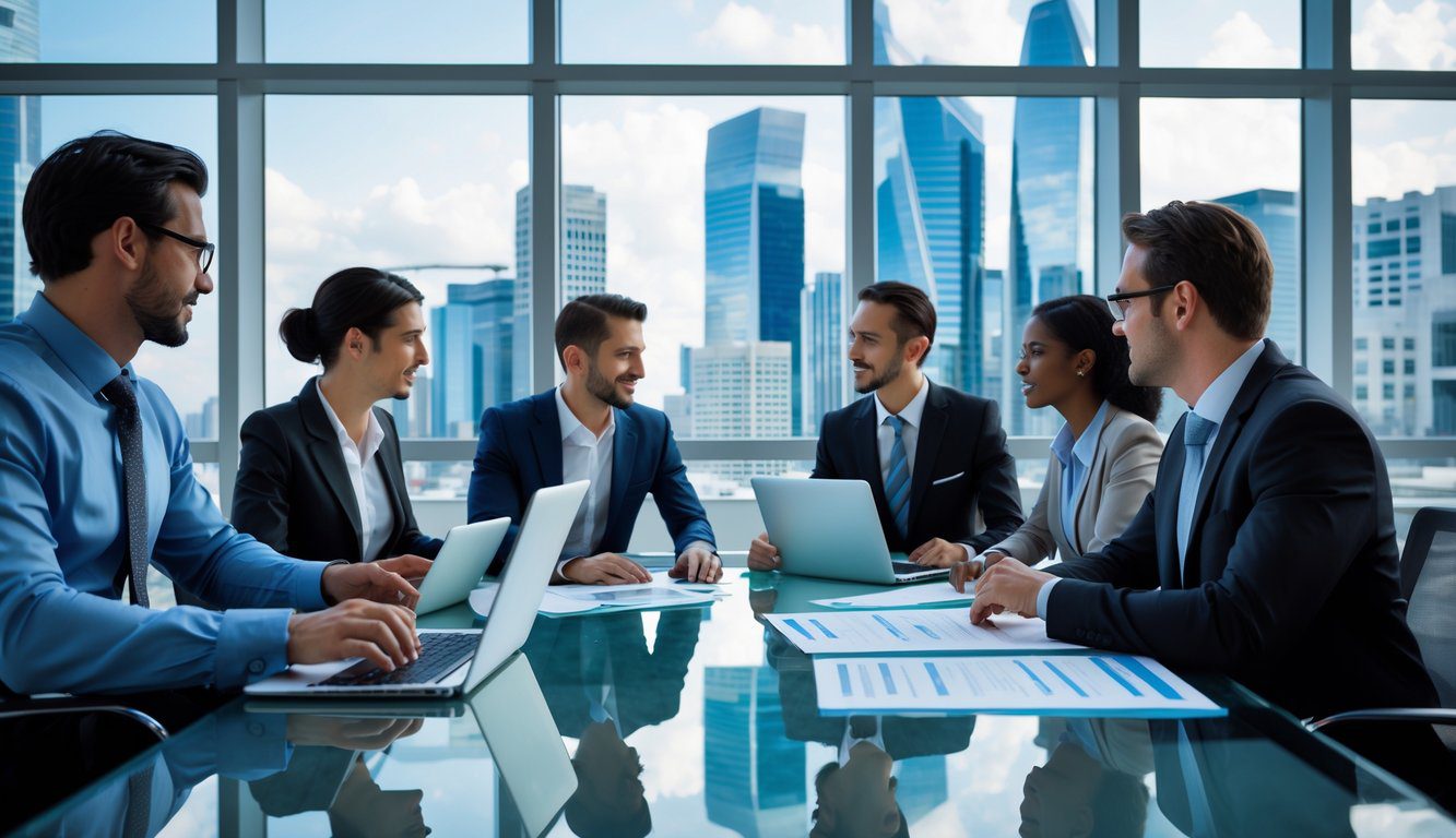 Un gruppo di professionisti in abiti formali riuniti attorno a un tavolo in un ufficio moderno con vista su una città con grattacieli.