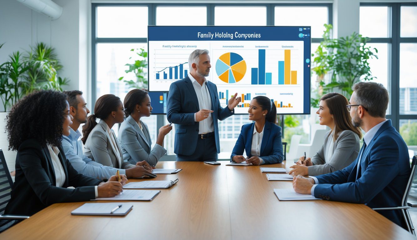 Un gruppo di professionisti in una sala riunioni che discutono insieme attorno a un tavolo in un ufficio moderno.