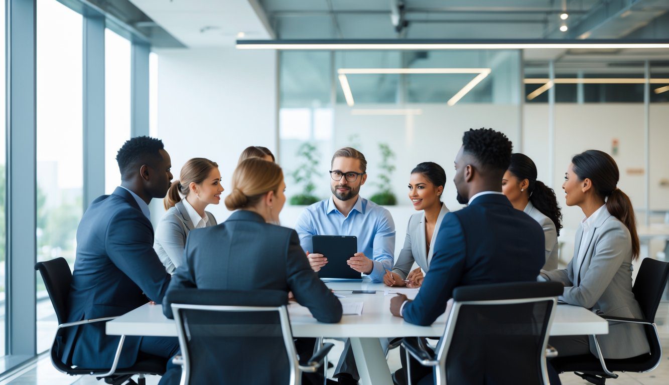 Un gruppo di professionisti in abiti da lavoro che discutono insieme attorno a un tavolo in un ufficio moderno e luminoso.