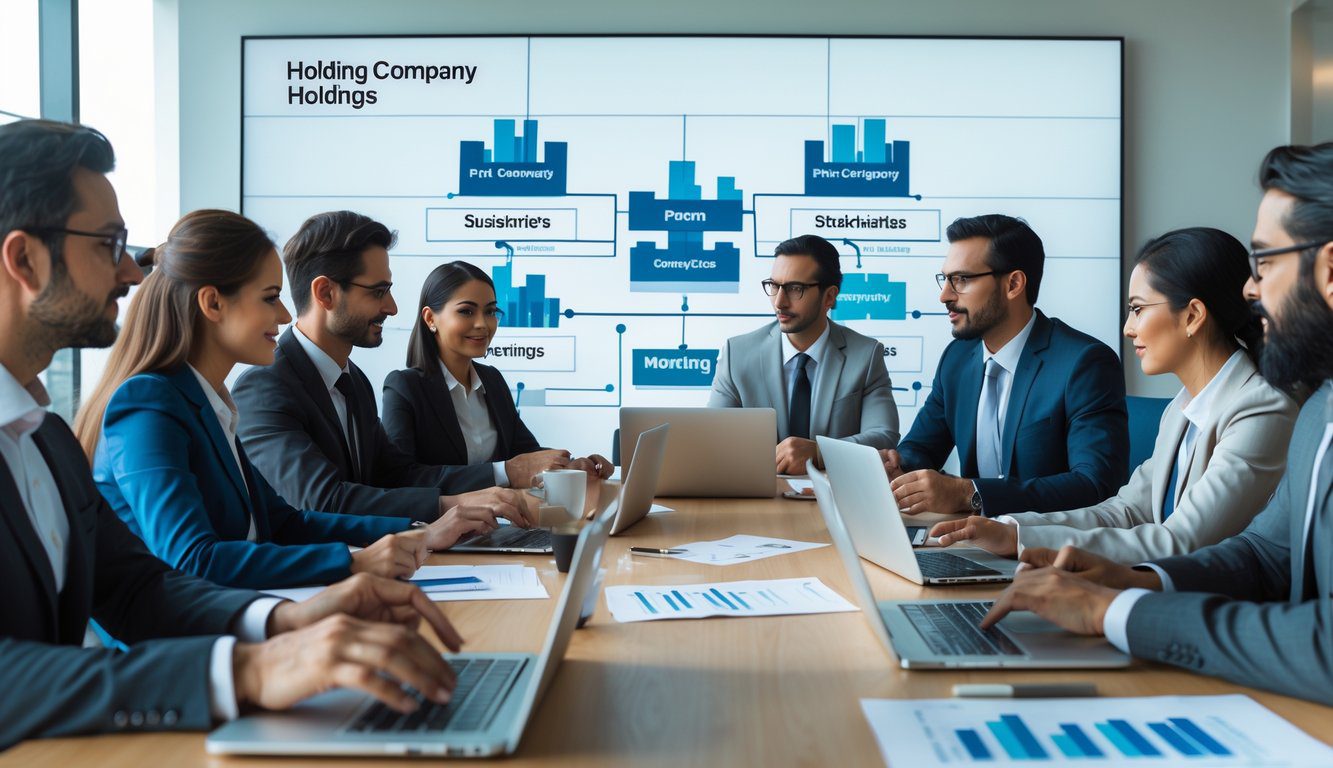 Un gruppo di professionisti in ufficio che discutono e collaborano attorno a un tavolo con documenti e laptop, mentre sullo sfondo si vedono grafici astratti che rappresentano strutture aziendali.