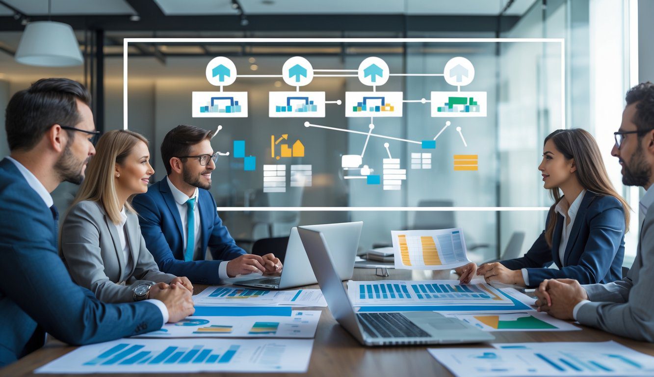 Persone in ufficio che discutono di diverse strutture societarie con grafici e documenti su un tavolo.