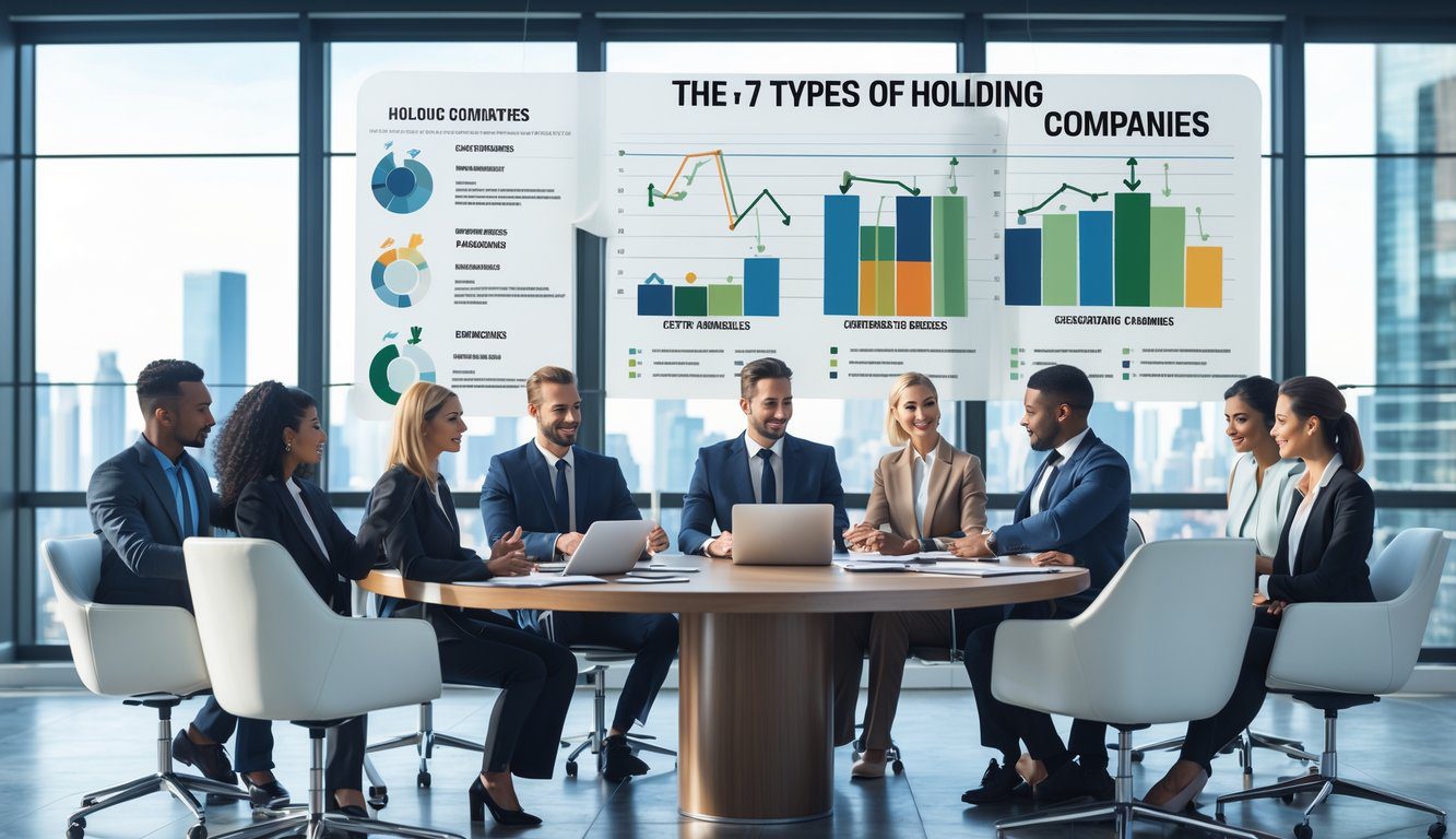 Un gruppo di professionisti in una riunione in un ufficio moderno con vista sulla città, con grafici e documenti sul tavolo.