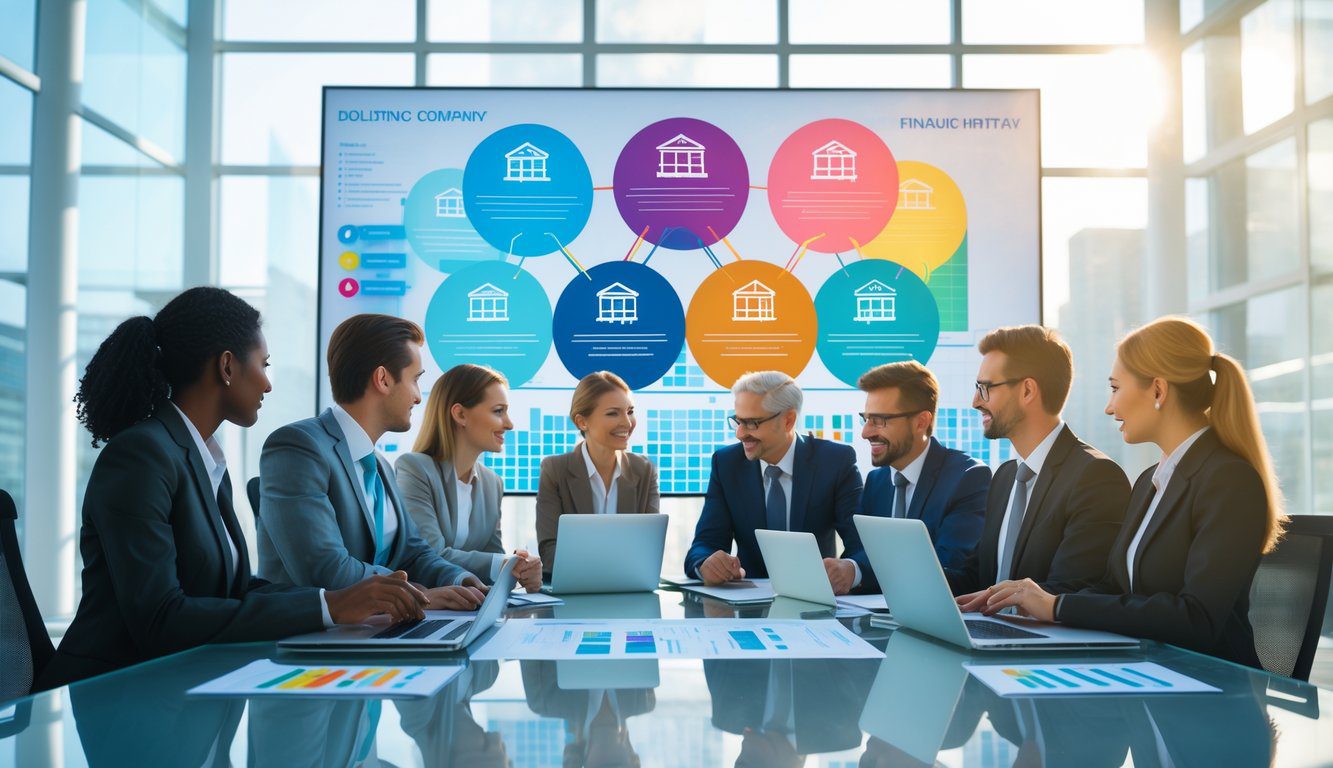 Persone d'affari che collaborano in un ufficio moderno con grafici e dispositivi digitali su un tavolo.